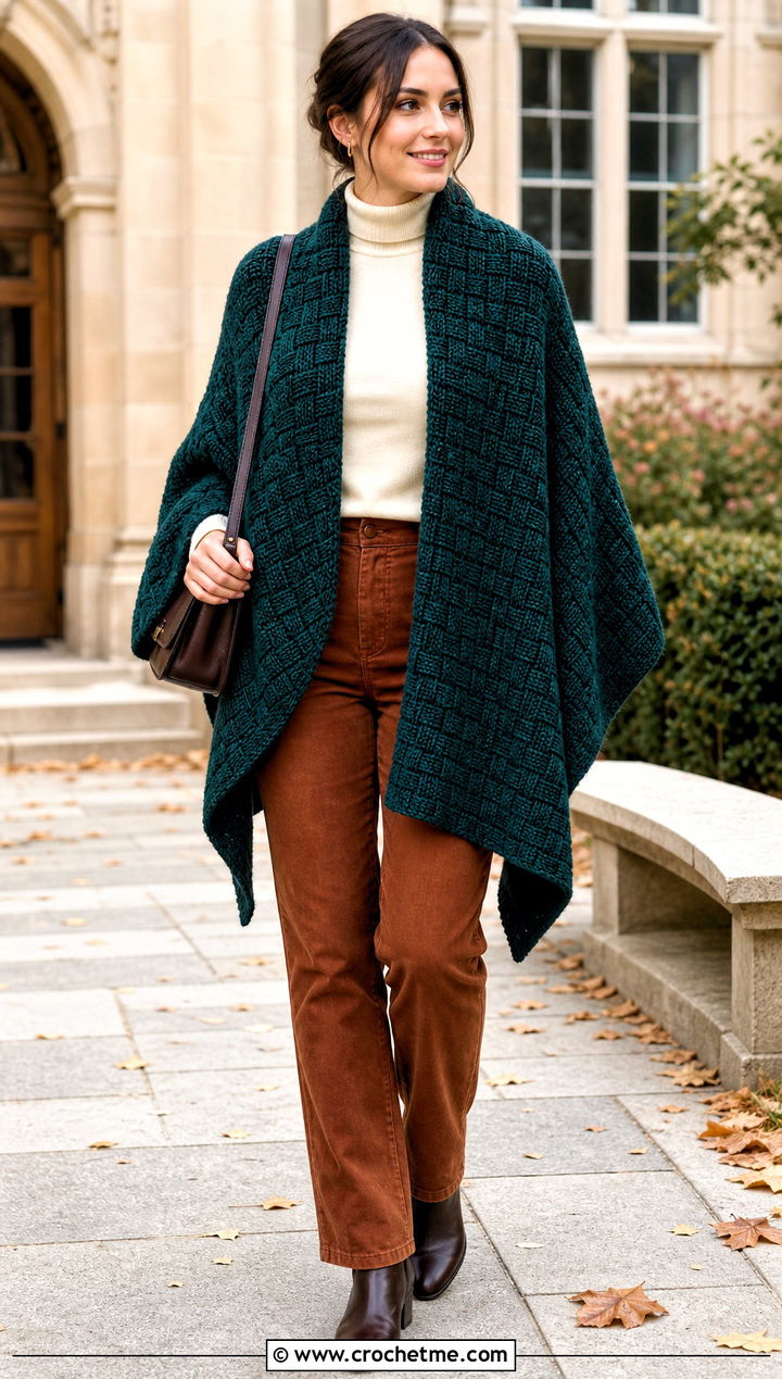 Basketweave Outlander Shawl With Corduroy Pants - 35 crochet outlander shawl outfit ideas