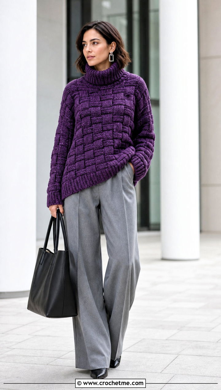 Basketweave Oversized Turtleneck Crochet Sweater With Wide Leg Pants - 15 oversized turtleneck crochet sweater outfit ideas