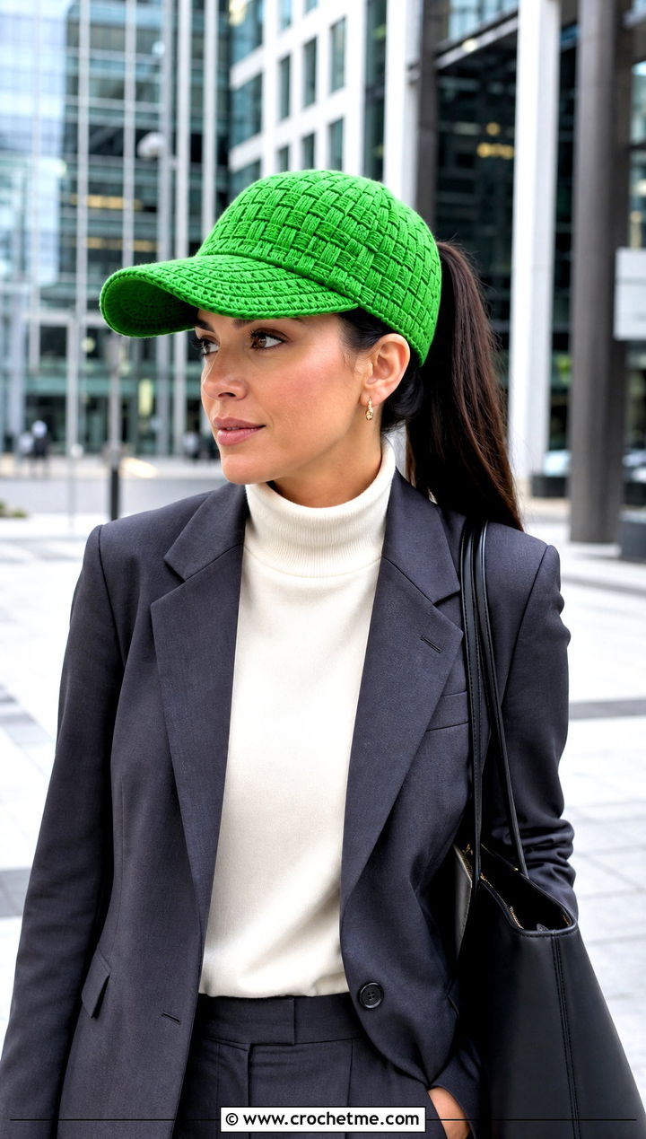 Basketweave Ponytail Hat With Blazer And Trousers - 30 ponytail crochet hat outfit ideas
