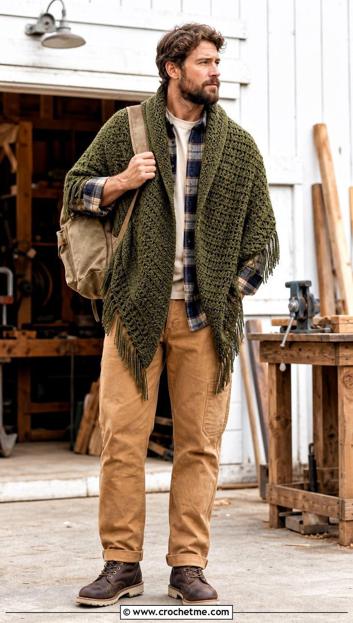 Basketweave Prayer Shawl With Flannel Shirt And Carpenter Pants - 20 Mens Crochet Prayer Shawl outfit ideas