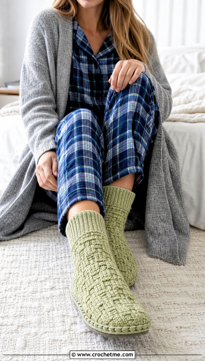 Basketweave Slipper Crochet Winter Socks With Flannel Pajama Set - 30 crochet winter socks outfit ideas