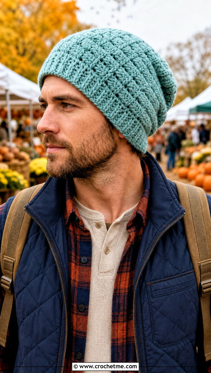 Basketweave Slouch Crochet Beanie With Flannel Shirt - 20 Mens Slouch Crochet Beanie outfit ideas
