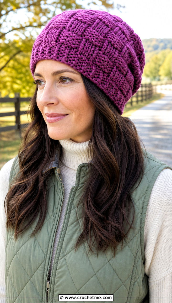 Basketweave Slouch Crochet Beanie With Quilted Vest - 30 slouch crochet beanie outfit ideas