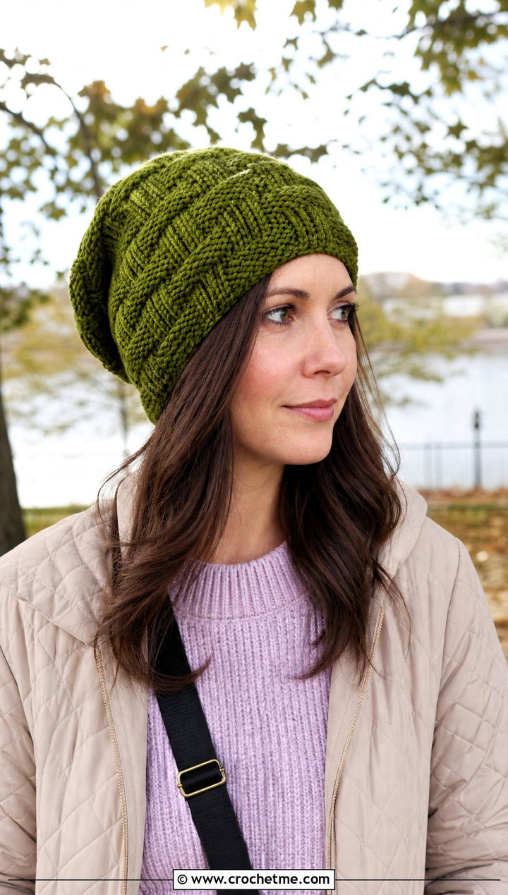 Basketweave Slouchy Crochet Beanie With Quilted Jacket - 25 Easy Slouchy Crochet Beanie outfit ideas