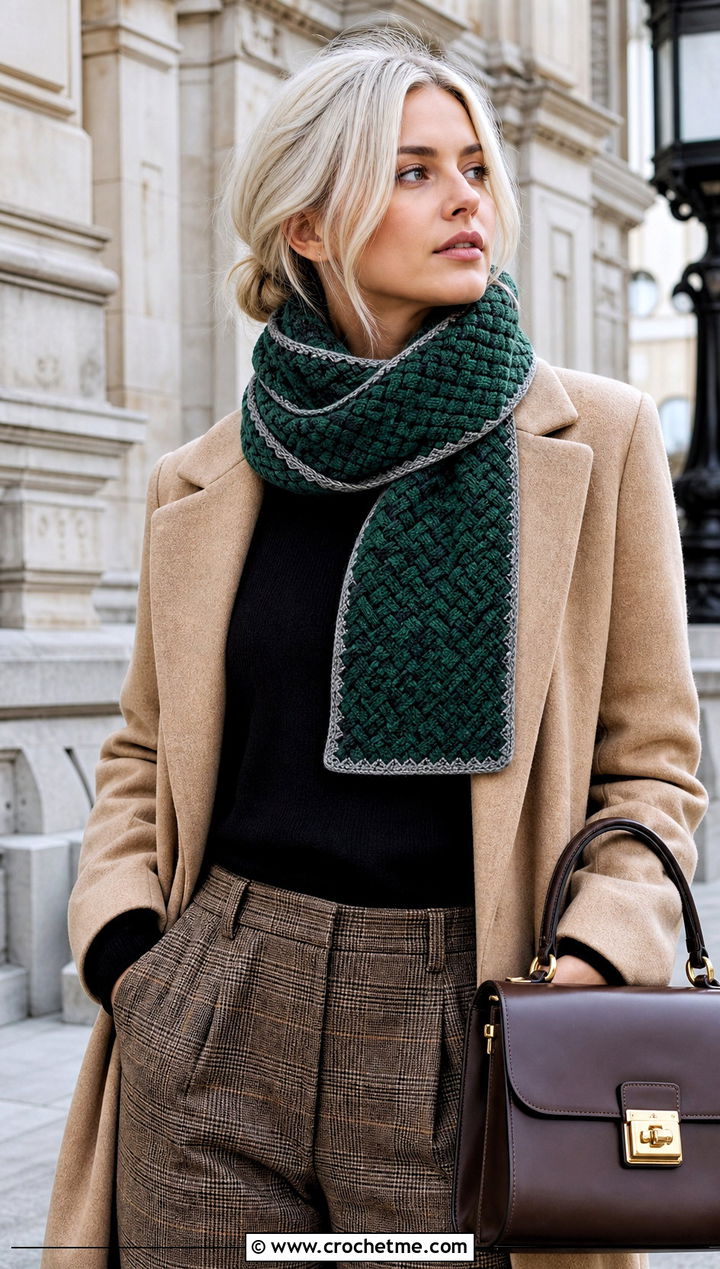 Basketweave Slytherin Crochet Scarf With Camel Coat - 30 slytherin crochet scarf outfit ideas