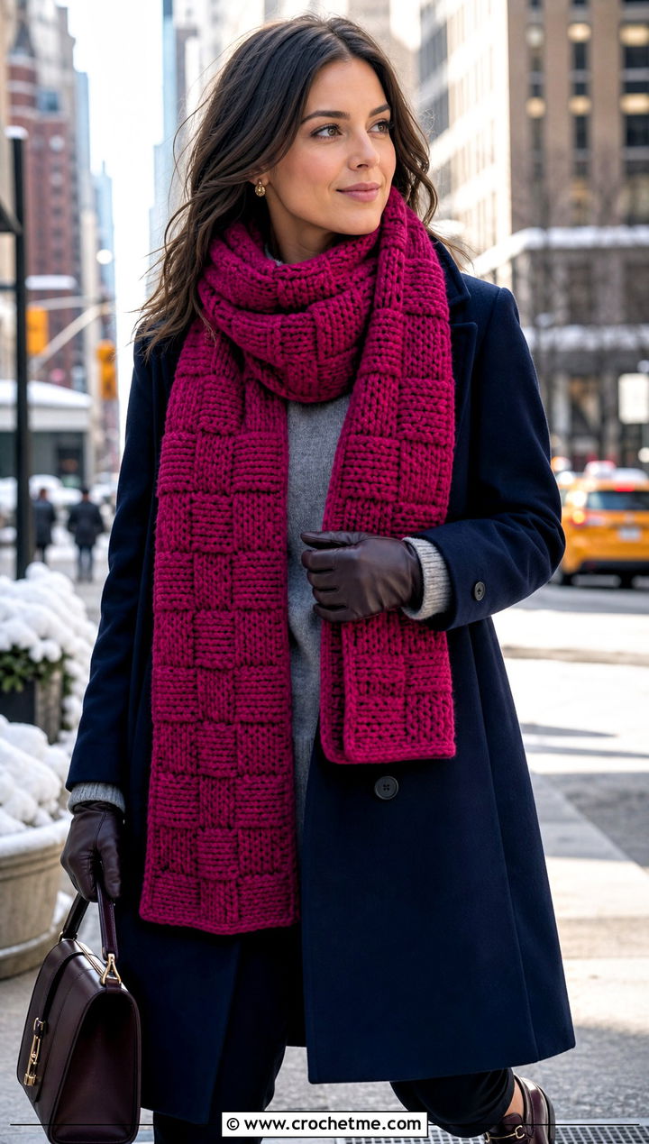 Basketweave Stitch Sampler Scarf With Wool Coat - 20 Crochet Stitch Sampler Scarf outfit ideas