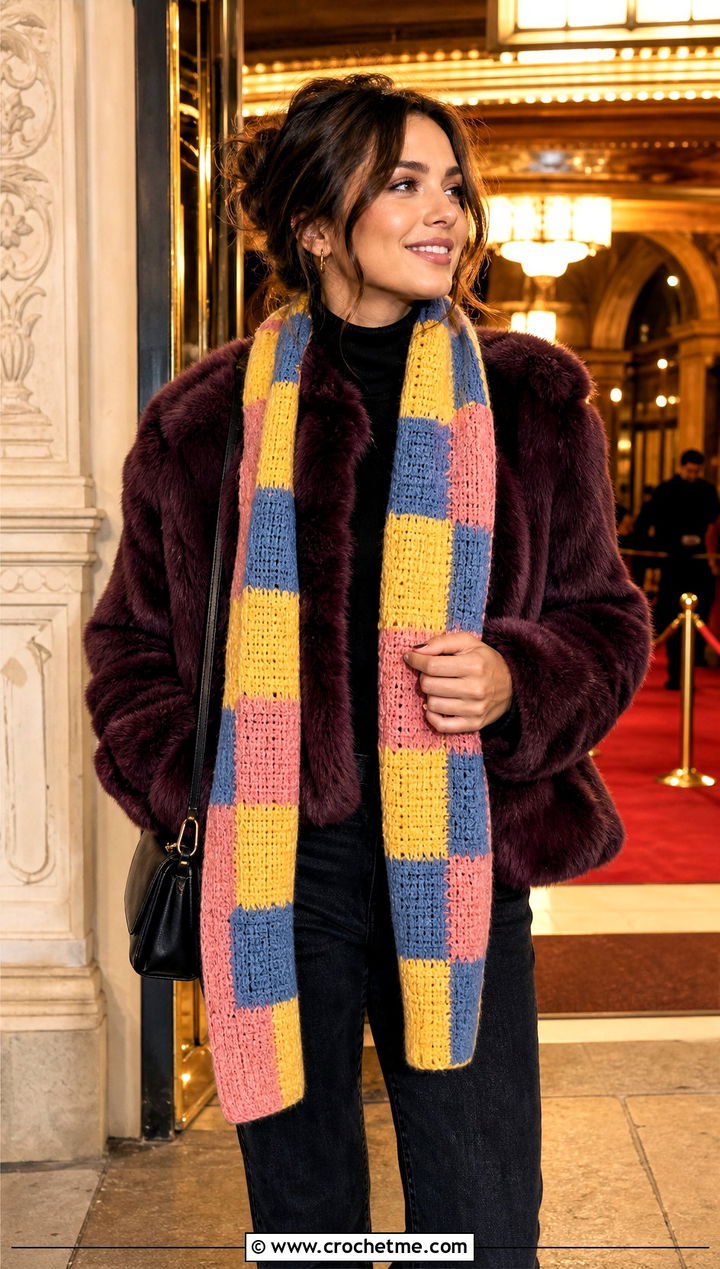 Basketweave Temperature Scarf With Faux Fur Coat - 30 crochet temperature scarf outfit ideas