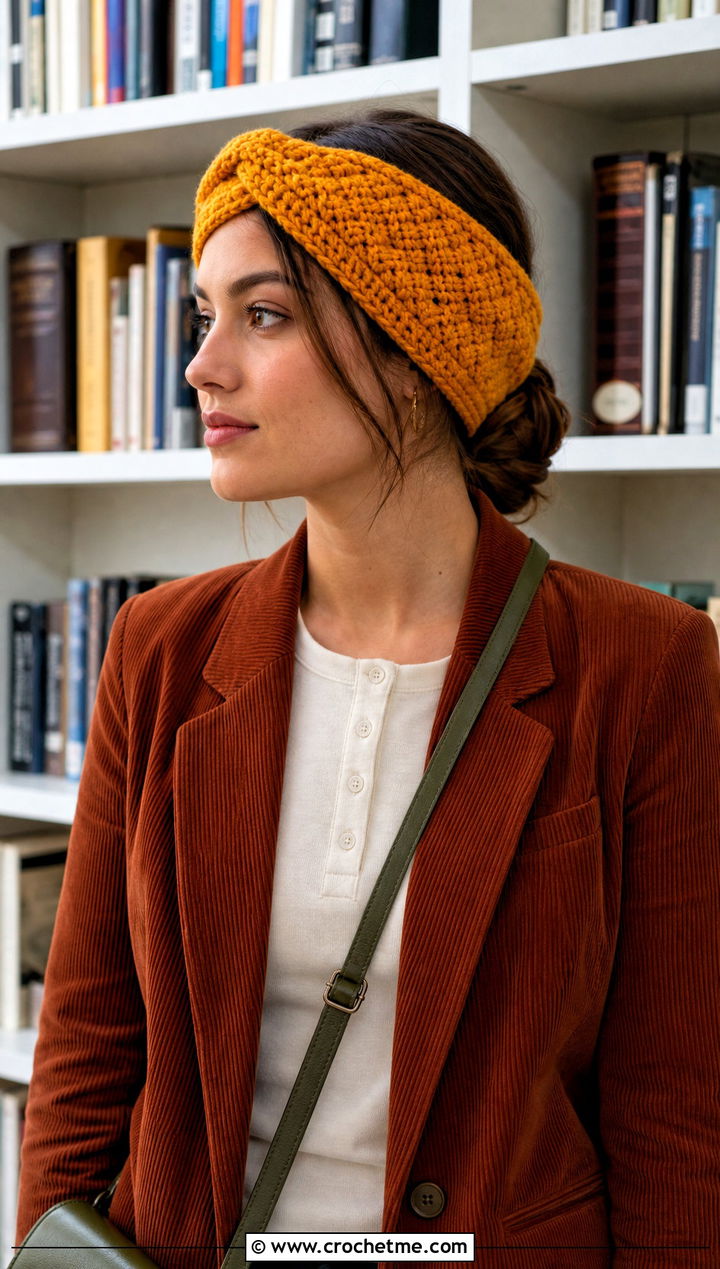 Basketweave Twist Crochet Ear Warmer With Corduroy Blazer - 25 twist crochet ear warmer outfit ideas