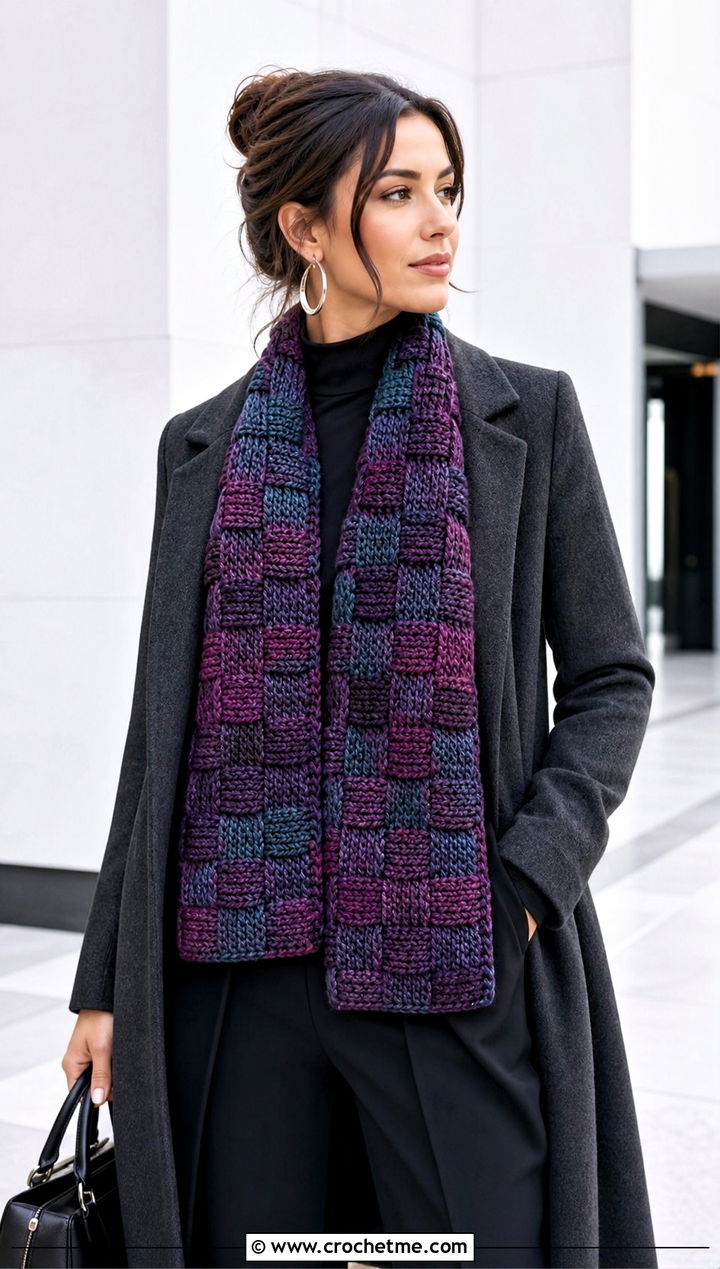 Basketweave Variegated Crochet Scarf With Minimalist Outfit - 25 Variegated Yarn Crochet Scarf outfit ideas