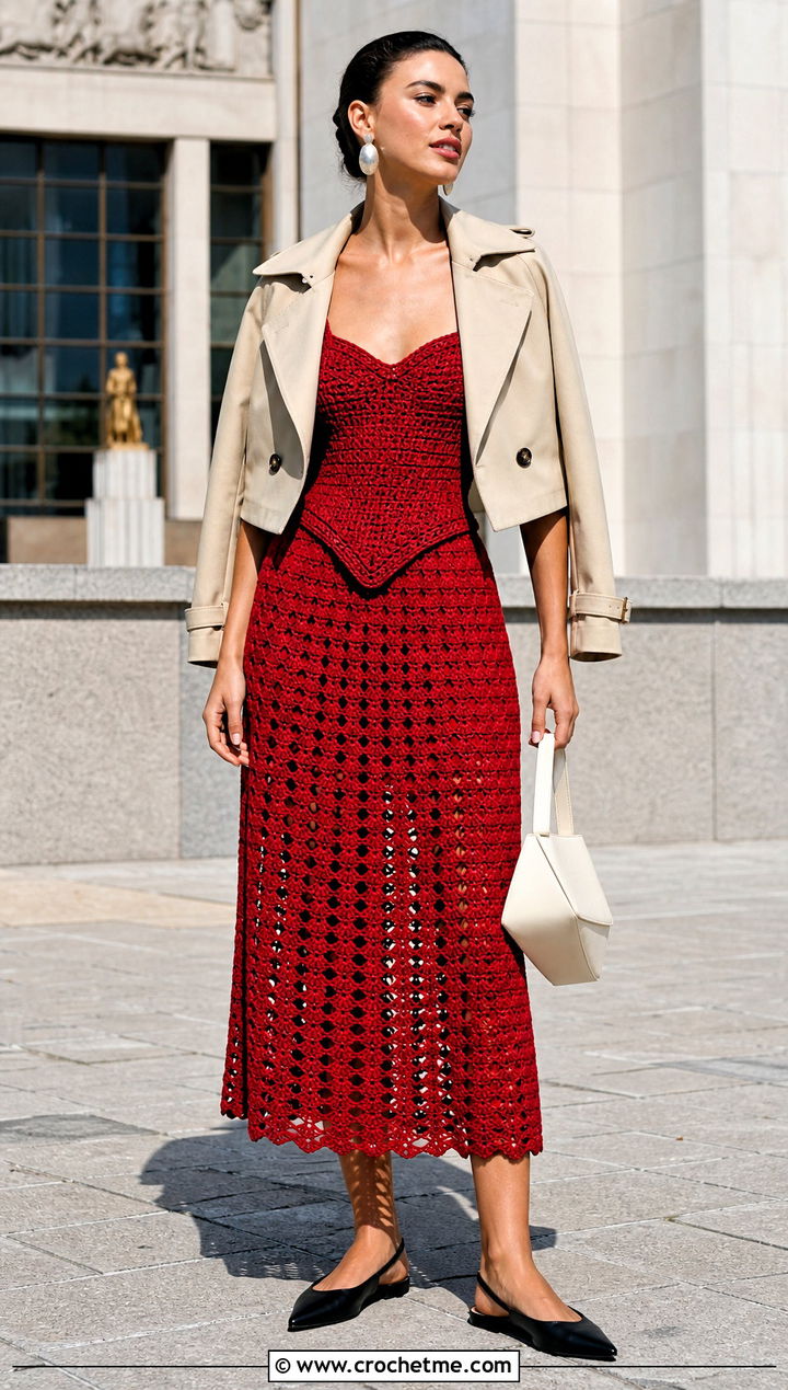 Basque Waist Crochet Dress With Cropped Trench - 15 handmade crochet dress ideas