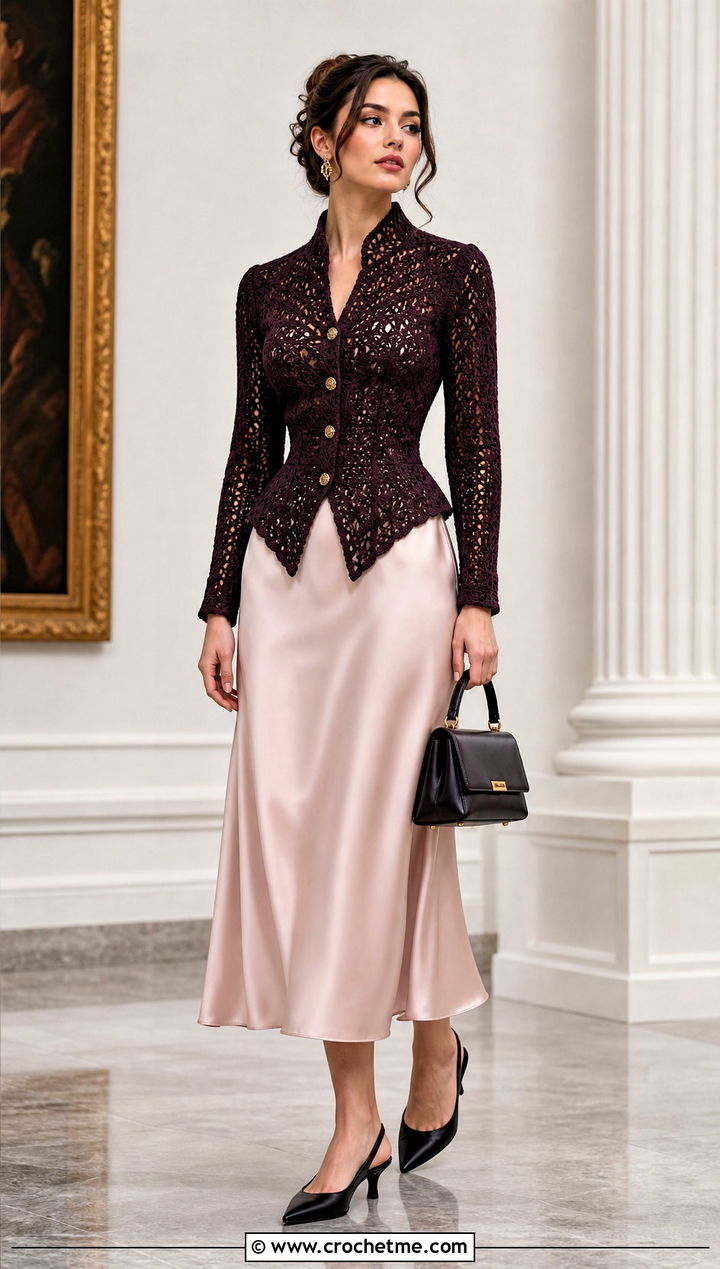 Basque Waist Victorian Crochet Cardigan With Satin Midi Skirt - 15 Victorian Style Crochet Cardigan outfit ideas