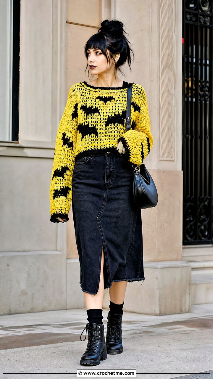 Bat Crochet Goth Sweater With Denim Skirt - 35 Crochet Goth Clothes and outfit ideas