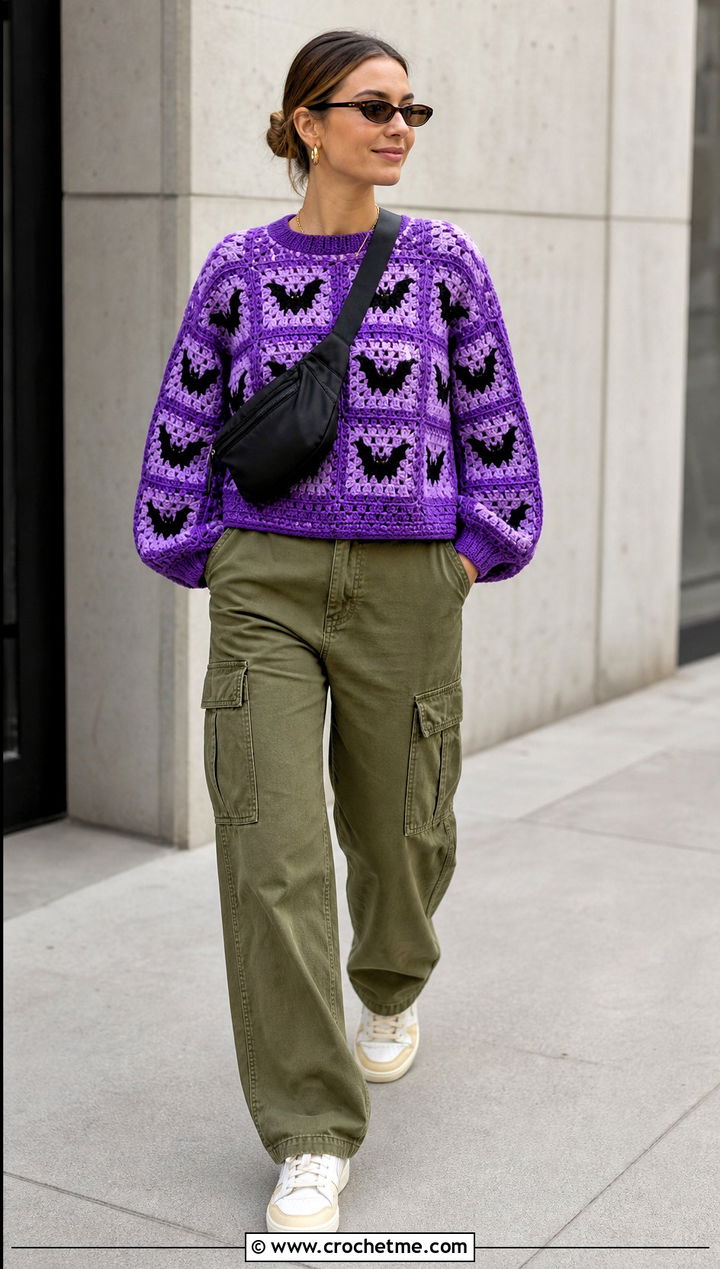 Bat Granny Square Halloween Sweater With Cargo Pants - 15 Crochet Granny Square Halloween Sweater outfit ideas