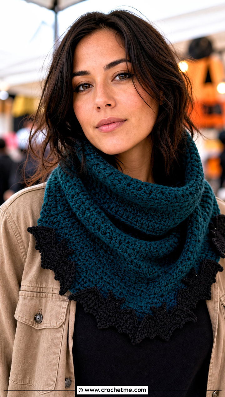 Bat Motif Cowl Halloween Scarf With Utility Jacket - 20 crochet halloween scarf outfit ideas