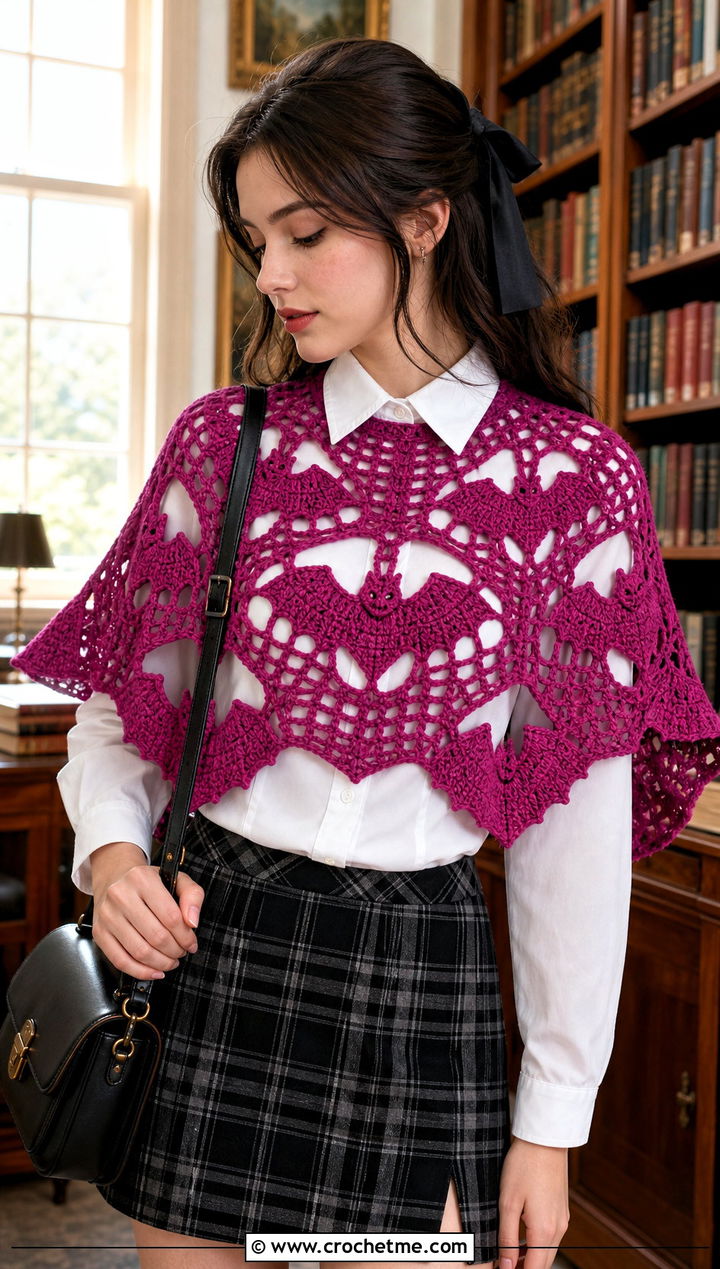 Bat Motif Crochet Capelet With Plaid Mini Skirt - 20 Crochet Halloween Shawl outfit ideas