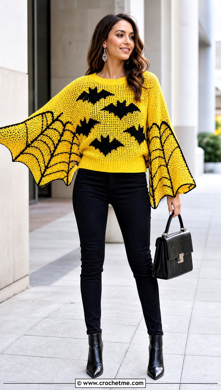 Bat Sleeve Crochet Halloween Sweater With Slim Black Jeans - 35 Crochet Halloween Sweater outfit ideas