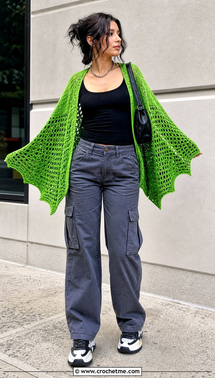 Bat Wing Crochet Cardigan With Cargo Pants - 35 halloween crochet clothes and outfit ideas
