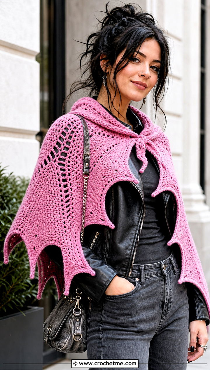 Bat Wing Crochet Halloween Shawl With Leather Jacket - 20 Crochet Halloween Shawl outfit ideas