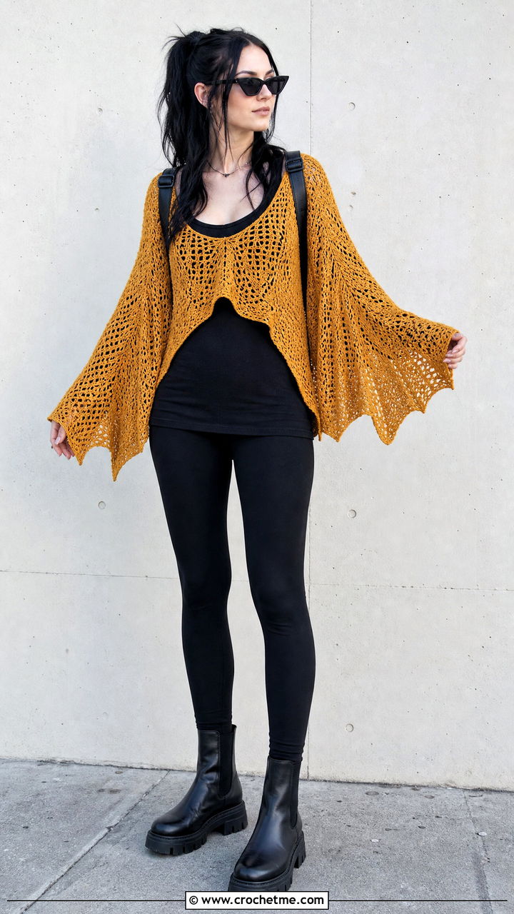 Bat Wing Crochet Top With Leggings - 35 goth crochet top outfit ideas