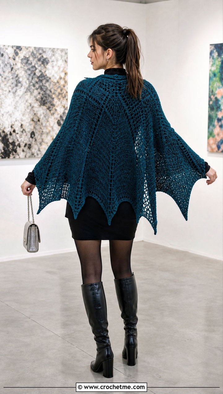 Bat Wing Shawl With Black Mini Dress - 30 Crochet Wing Shawl outfit ideas