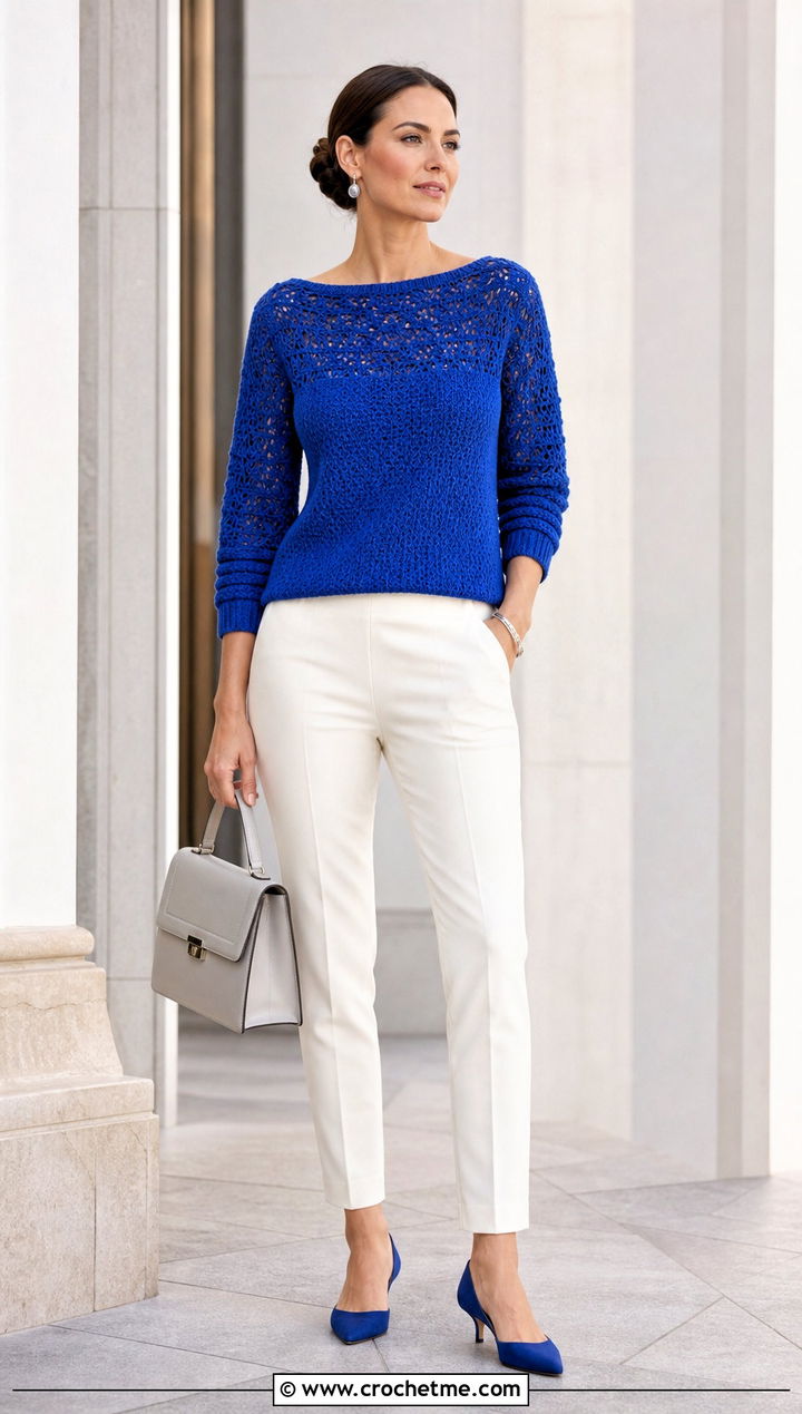 Bateau Neck Crochet Cashmere Sweater With Cigarette Pants - 30 crochet cashmere sweater outfit ideas