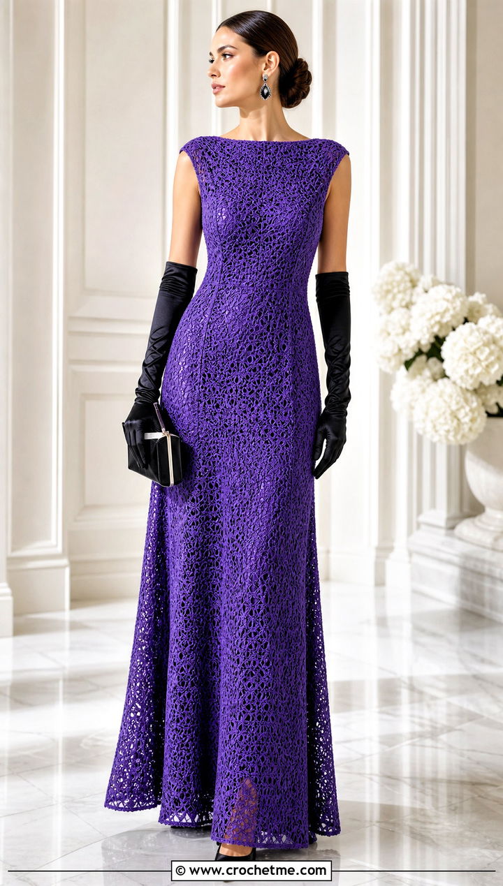 Bateau Neck Crochet Gown With Opera Gloves - 35 Formal Crochet Dress outfit ideas