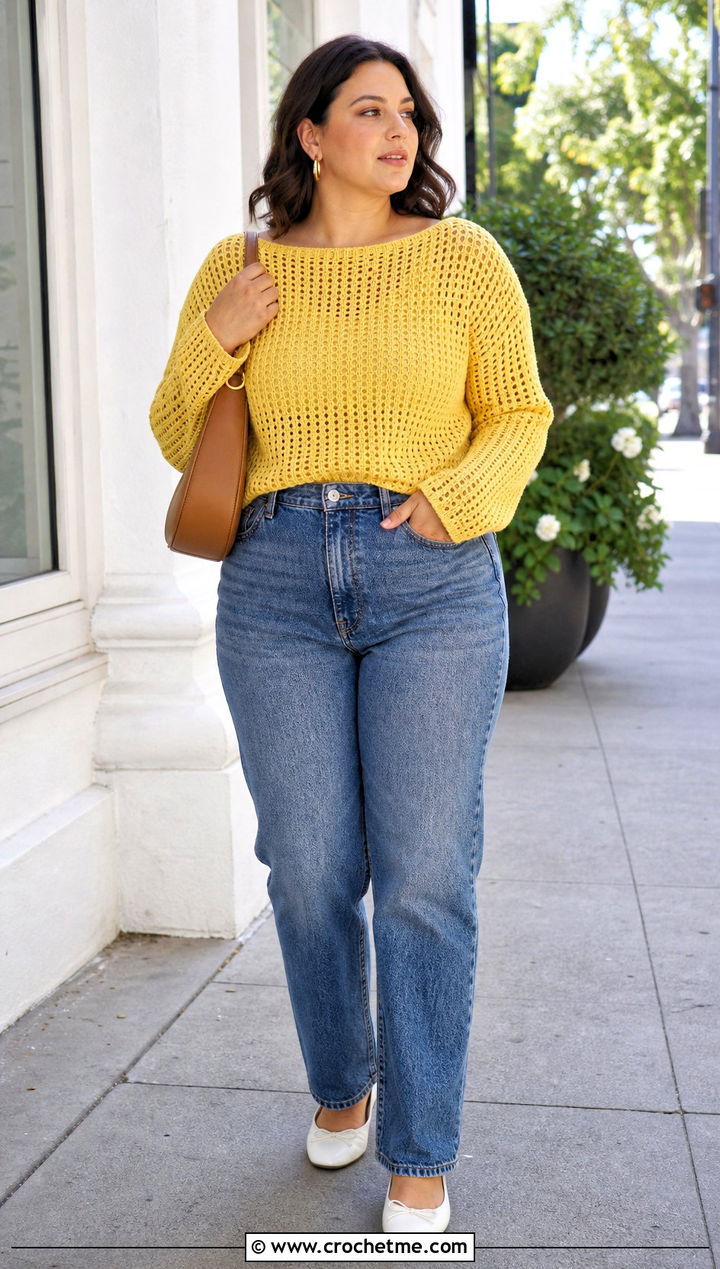 Bateau Neck Crochet Sweater With Straight Leg Jeans - 15 Crochet Wide Neck Sweater outfit ideas