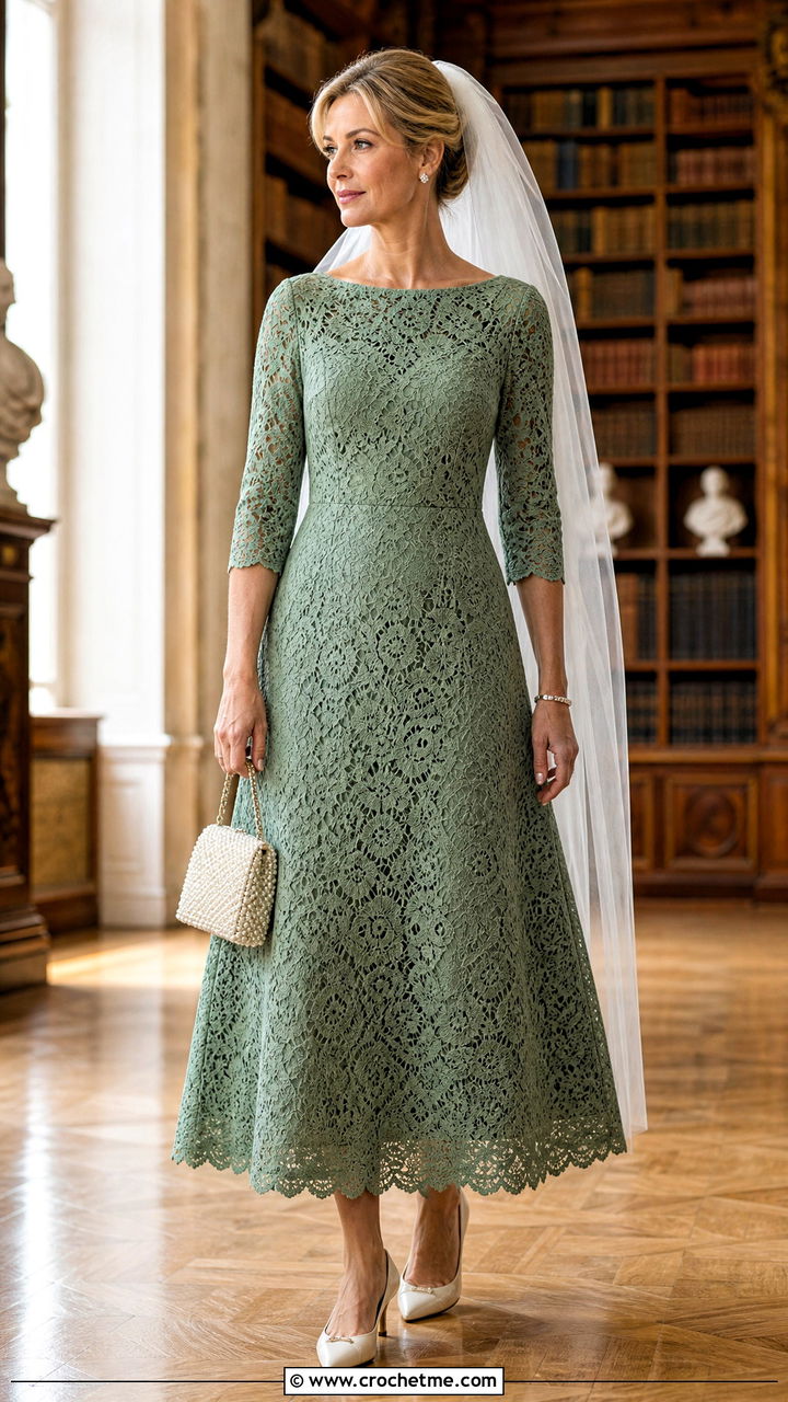 Bateau Neck Crochet Wedding Dress With Pearl Bag - 35 crochet wedding dresses outfit ideas