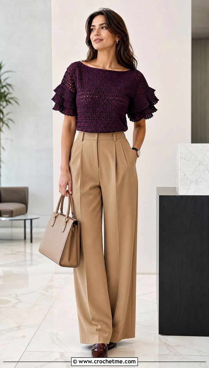 Bateau Neck Ruffle Sleeve Crochet Top With Pleated Trousers - 30 crochet ruffle sleeve top outfit ideas