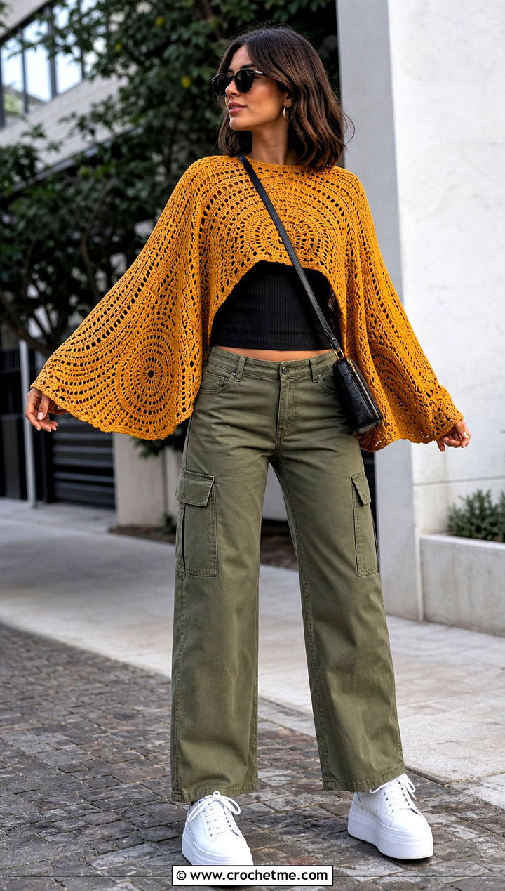 Batwing Crochet Circle Sweater With Cargo Pants - 25 crochet circle sweater outfit ideas
