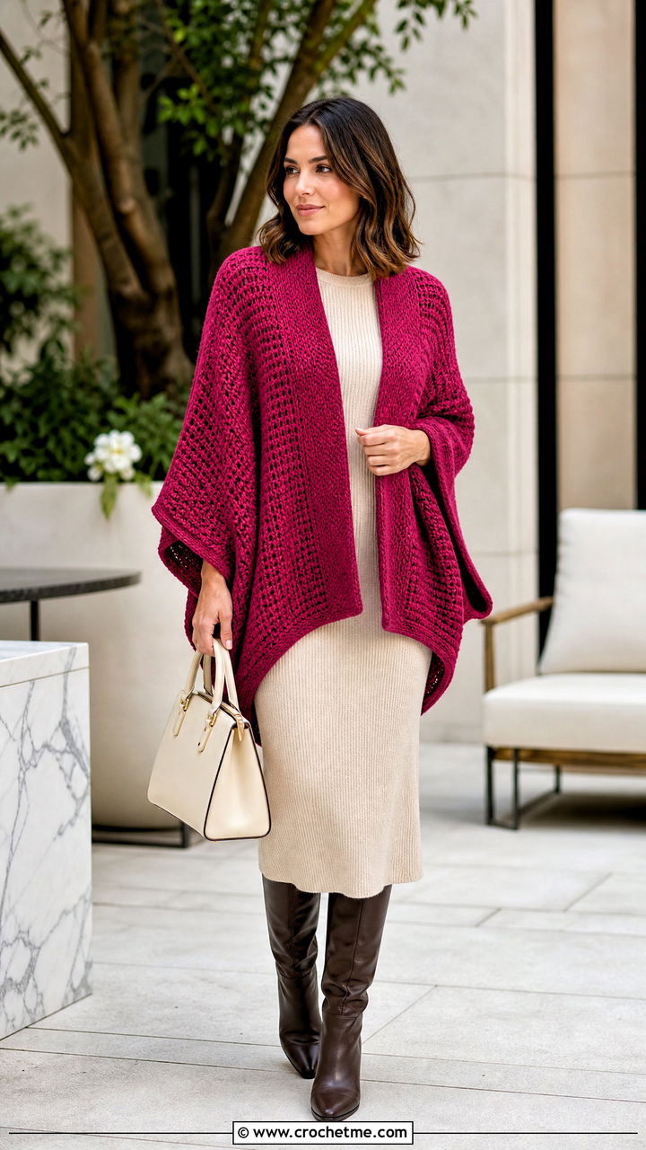Batwing Crochet Cocoon Shrug With Knit Dress - 35 easy crochet shrug outfit ideas