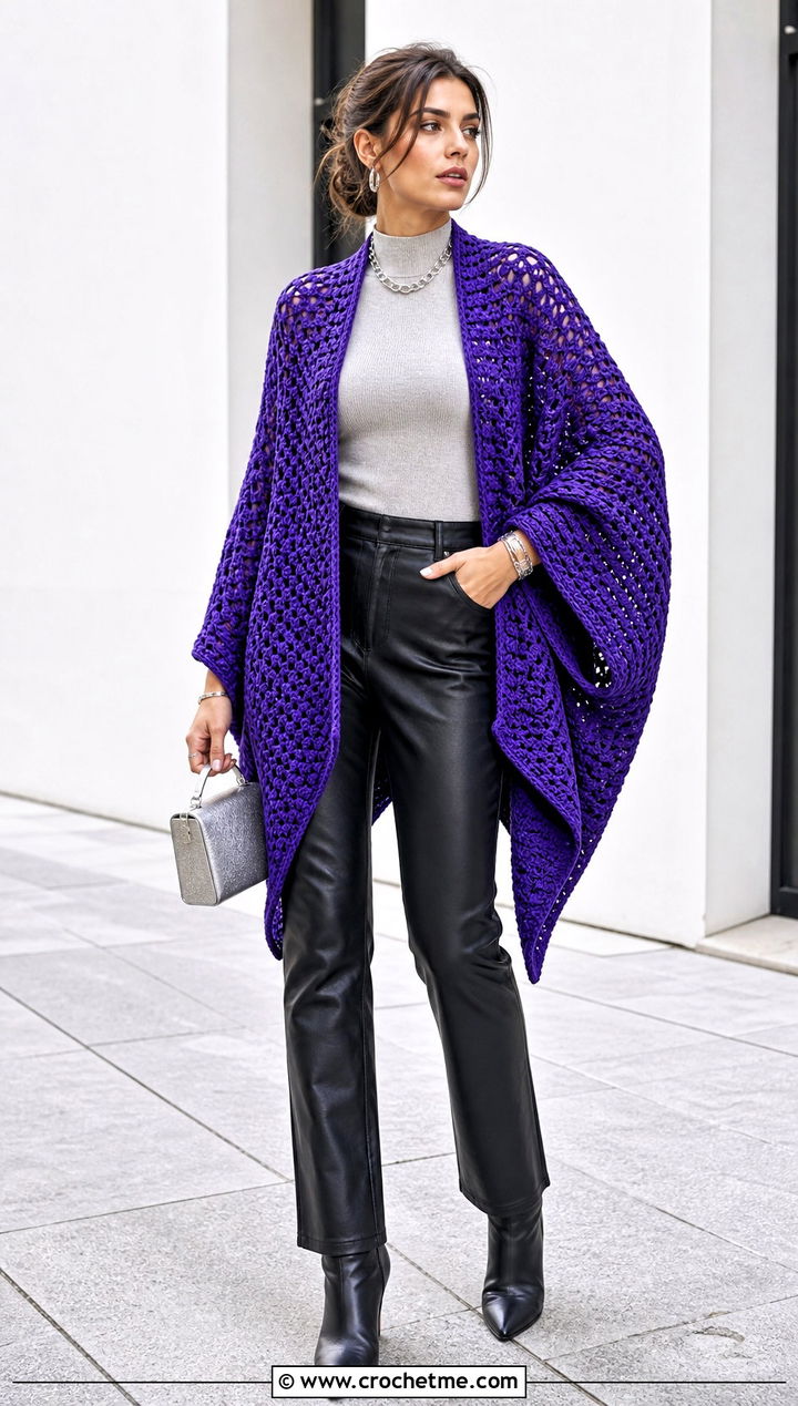 Batwing Crochet Drape Cardigan With Faux Leather Pants - 15 Crochet Drape Cardigan outfit ideas
