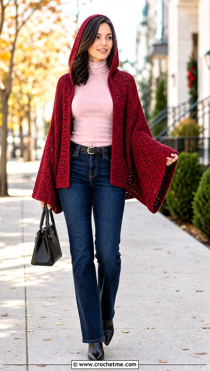 Batwing Crochet Hooded Shrug With Straight Leg Jeans - 30 Crochet Hooded Shrug outfit ideas