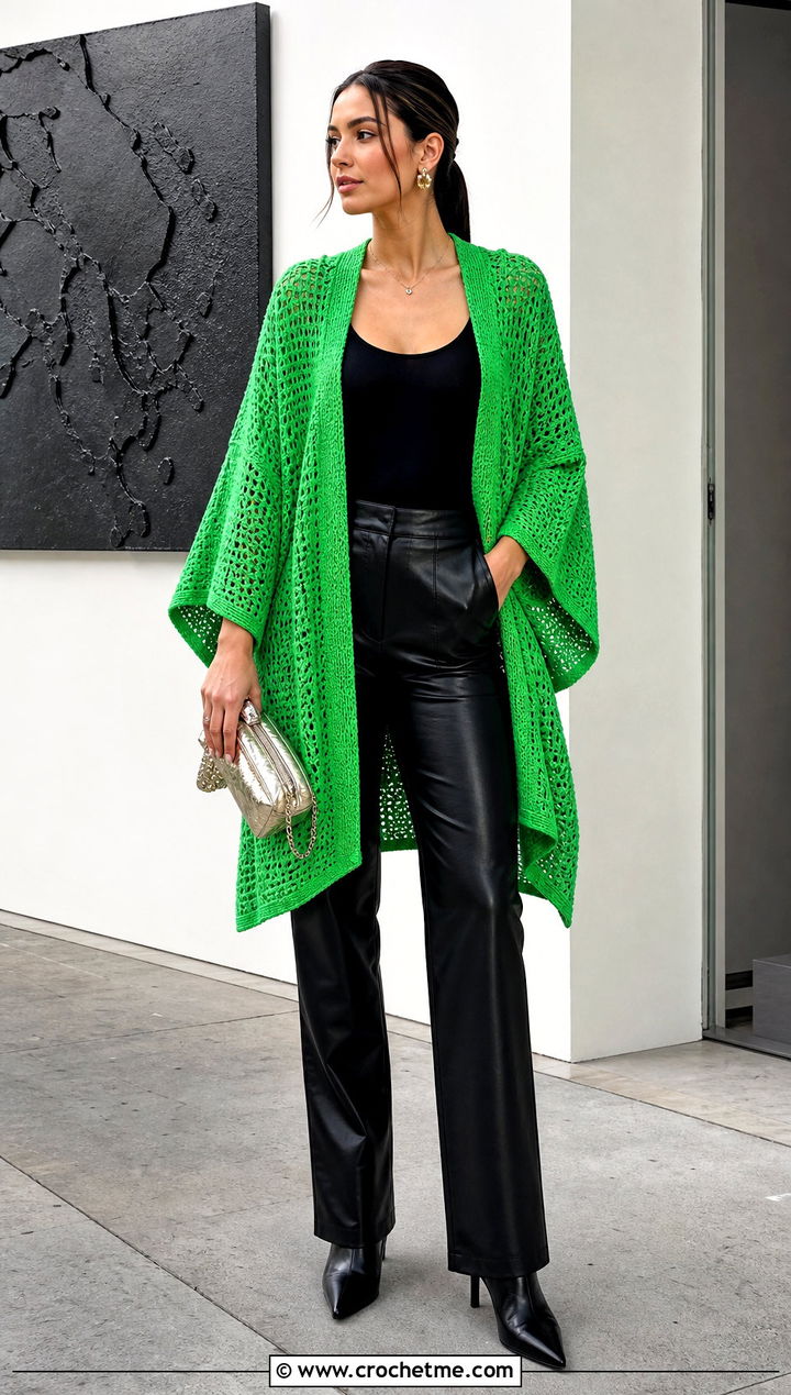 Batwing Crochet Kimono With Leather Pants - 25 easy crochet kimono outfit ideas