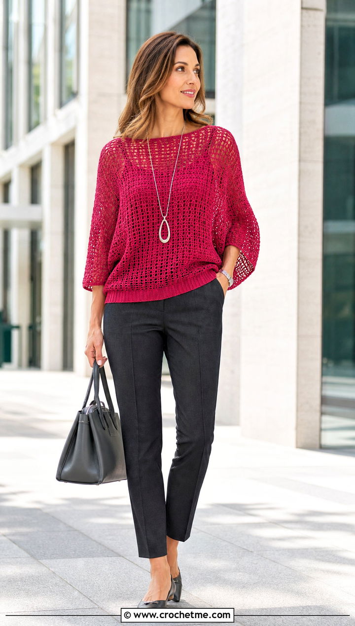 Batwing Crochet Mesh Jumper With Cigarette Pants - 30 crochet mesh jumper outfit ideas