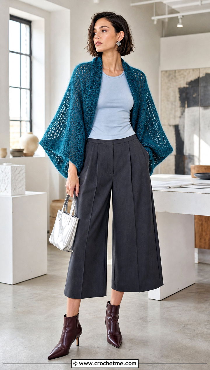 Batwing Crochet Mohair Bolero With Culottes - 30 crochet mohair bolero outfit ideas