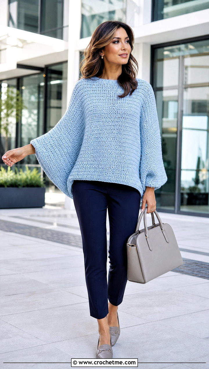 Batwing Crochet Oversize Sweater With Slim Ankle Pants - 20 Crochet Oversize Sweater outfit ideas