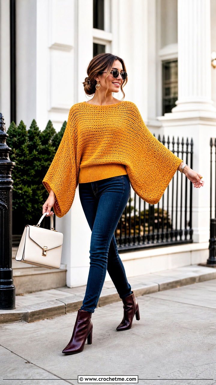 Batwing Crochet Oversized Sweater With Slim Jeans - 35 crochet oversized sweater outfit ideas