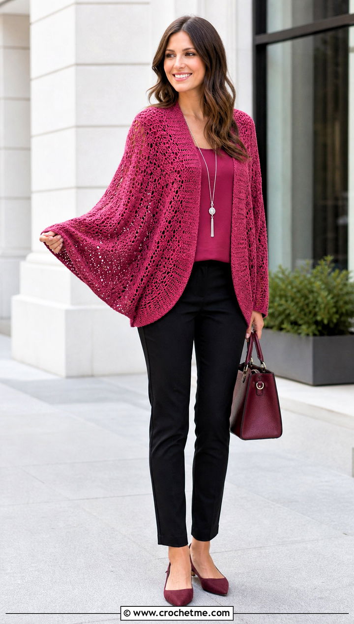 Batwing Crochet Shrug Sweater With Cigarette Pants - 30 crochet shrug sweater outfit ideas