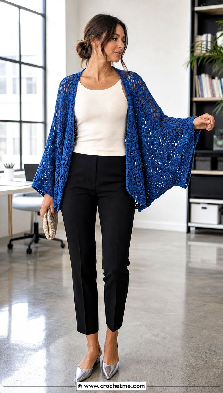 Batwing Crochet Shrug With Cigarette Pants - 35 crocheted shrug outfit ideas
