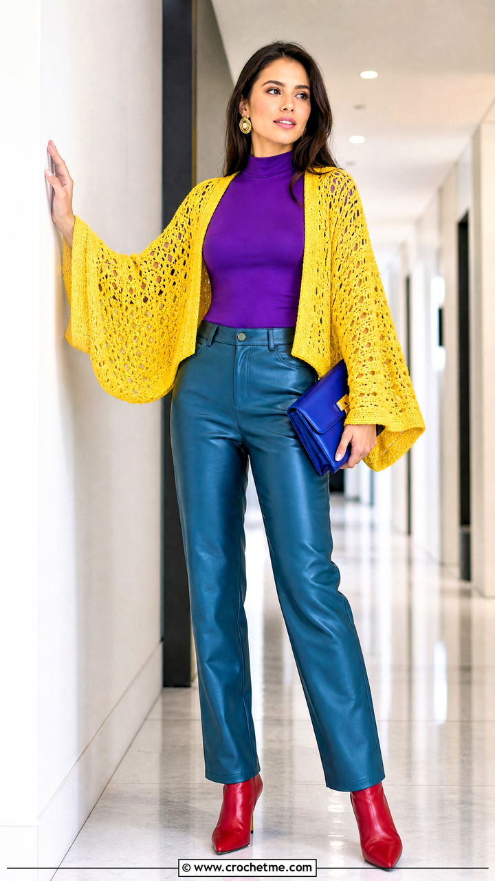Batwing Crochet Shrug With Leather Pants - 35 crochet shrug outfit ideas