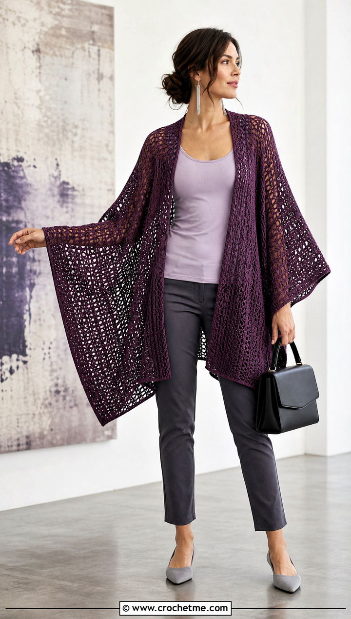 Batwing Crochet Summer Kimono With Slim Pants - 30 crochet summer kimono outfit ideas