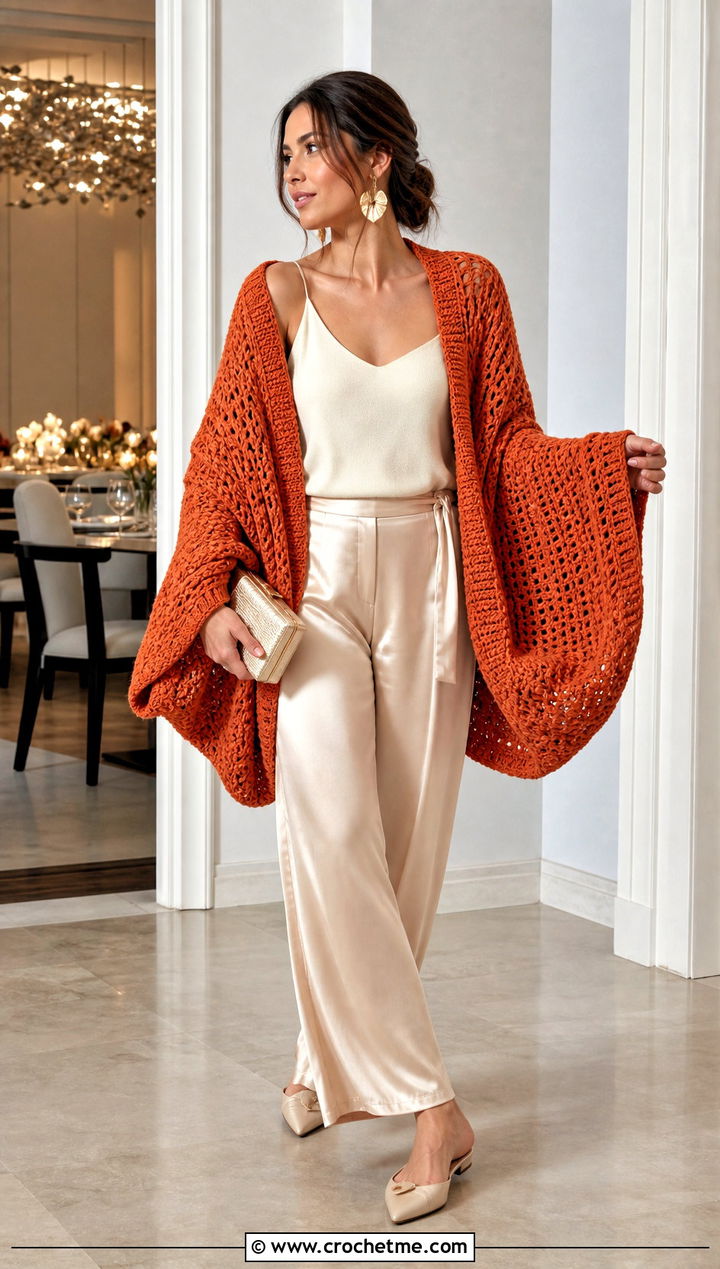 Batwing Crochet Sweater Blanket With Satin Trousers - 25 crochet sweater blanket outfit ideas