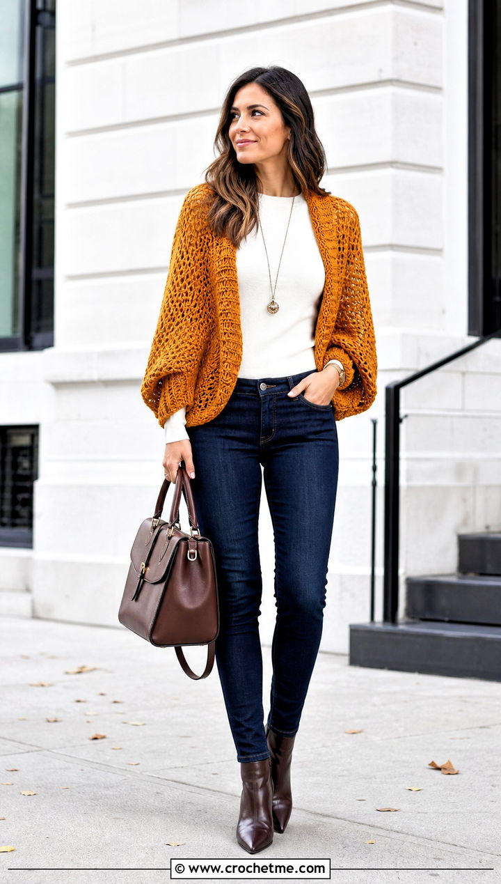 Batwing Crochet Sweater Shrug With Slim Jeans - 30 crochet sweater shrug outfit ideas