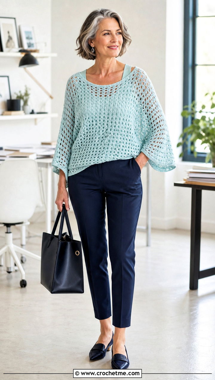 Batwing Crochet Sweater Top With Slim Trousers - 35 Crochet Top Sweater outfit ideas