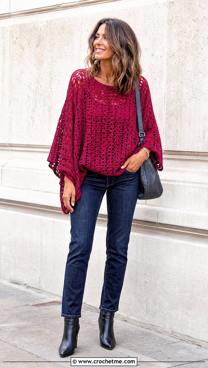 Batwing Crochet Top With Slim Jeans - 30 crochet fall tops outfit ideas