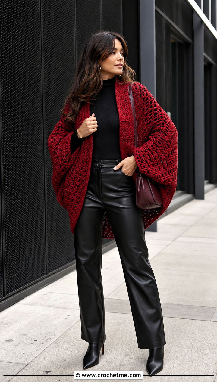 Batwing Crochet Wrap Cardigan With Leather Pants - 35 crochet wrap with sleeves outfit ideas