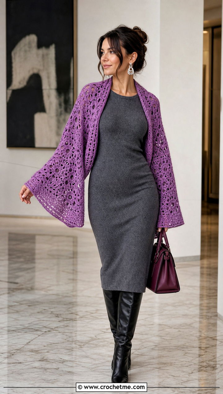Batwing Crochet Wrap Shrug With Fitted Knit Dress - 35 Crochet Wrap Shrug outfit ideas