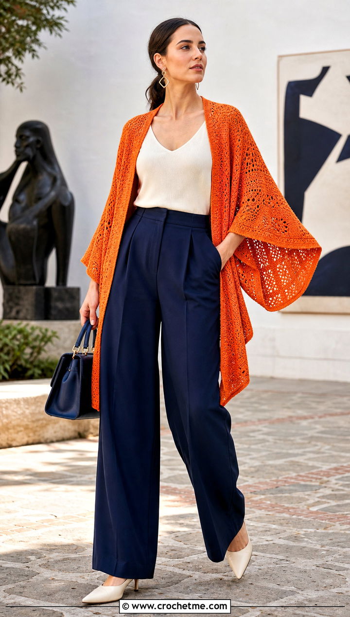 Batwing Crocheted Kimono With Wide Leg Pants - 25 Crocheted Kimono outfit ideas