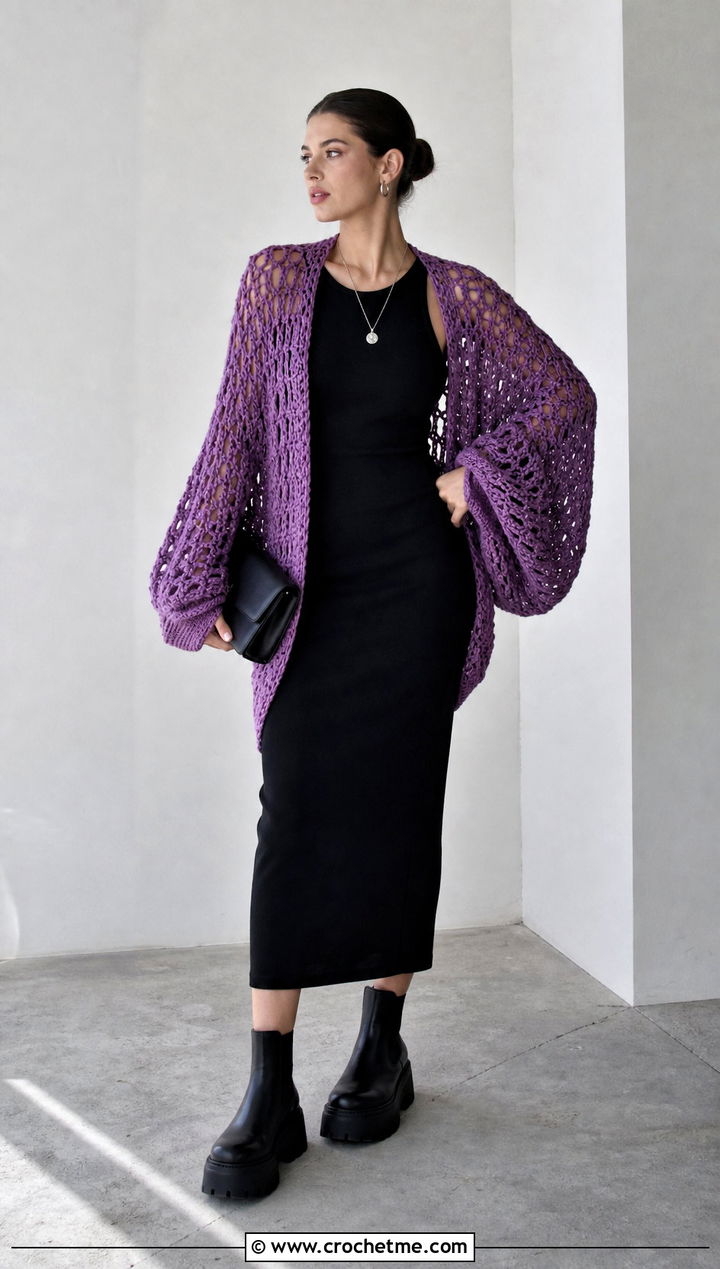 Batwing Goth Crochet Cardigan With Column Dress - 15 goth crochet cardigan outfit ideas